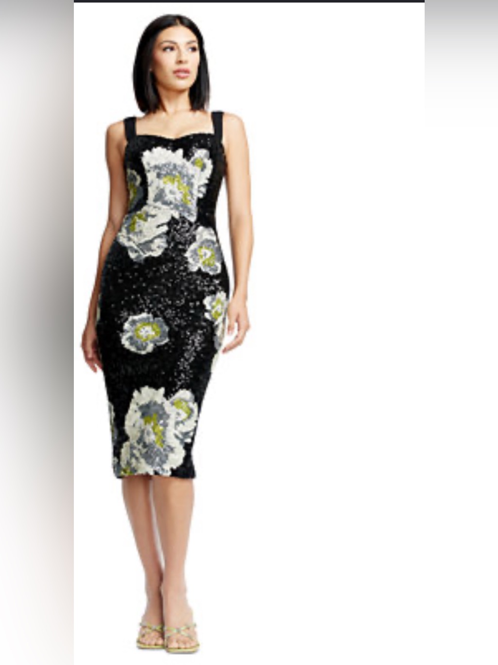 Black Floral Sequin Midi Dress With Square Neck